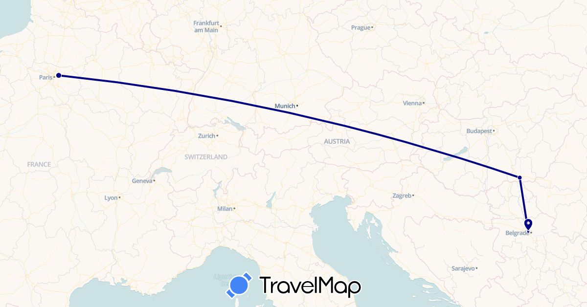 TravelMap itinerary: driving in France, Hungary, Serbia (Europe)